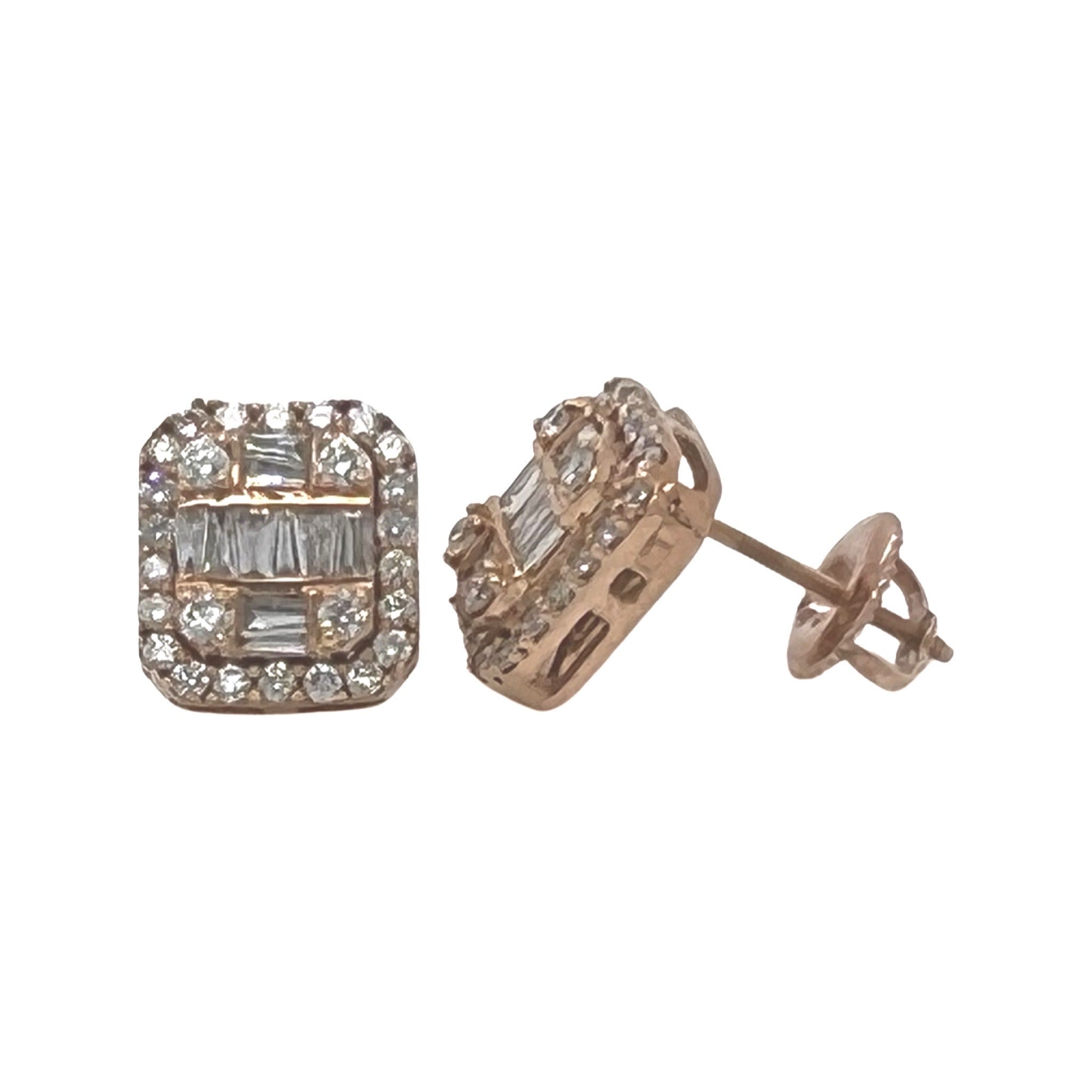 10K Rose Gold Halo Baguette Diamond Earrings 0.90 CT 9.2MM