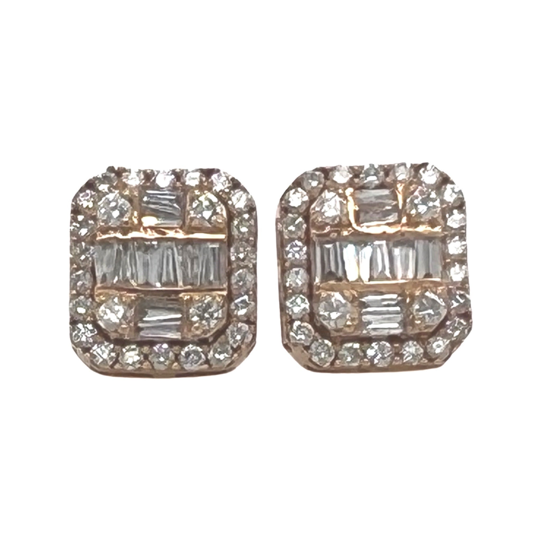 10K Rose Gold Halo Baguette Diamond Earrings 0.90 CT 9.2MM