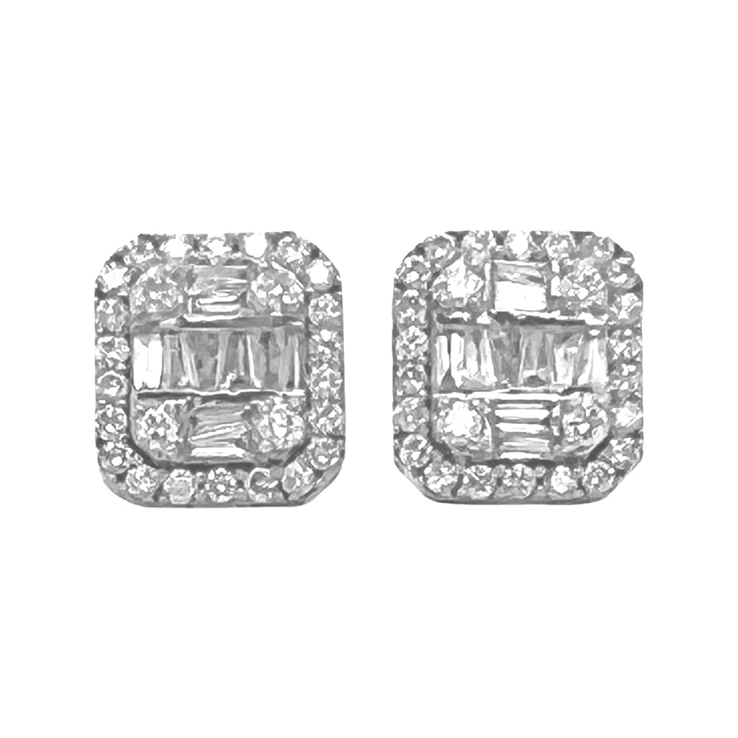 10K White Gold Halo Baguette Diamond Earrings 0.90 CT 9.2MM