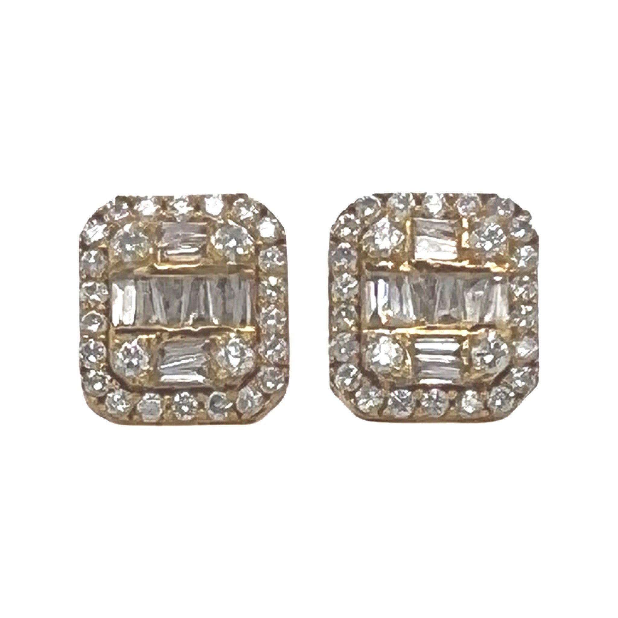 10K Yellow Gold Halo Baguette Diamond Earrings 0.90 CT 9.2MM