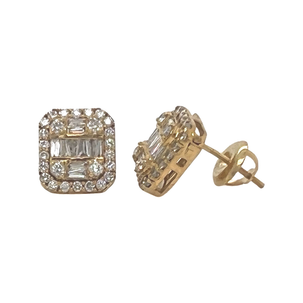 10K Yellow Gold Halo Baguette Diamond Earrings 0.90 CT 9.2MM