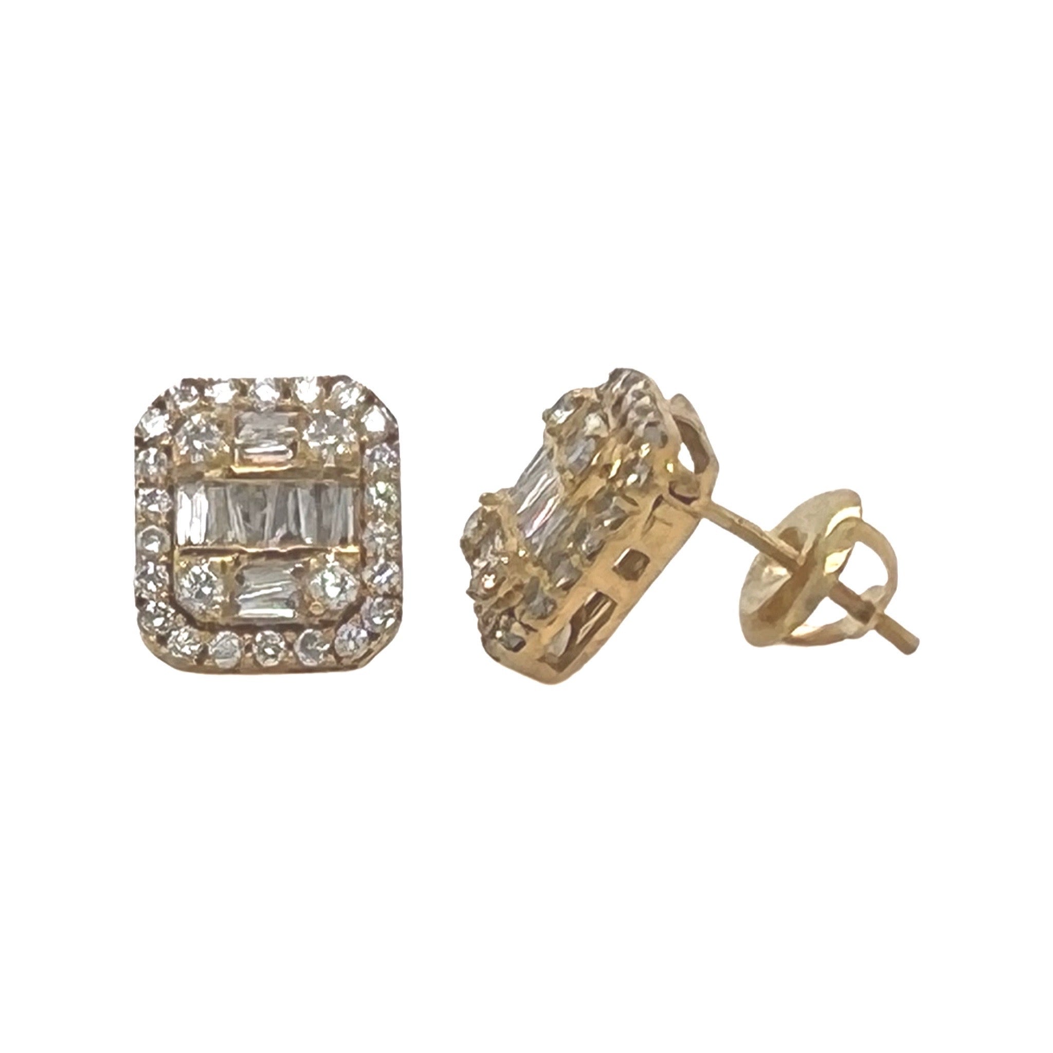 10K Yellow Gold Halo Baguette Diamond Earrings 0.90 CT 9.2MM