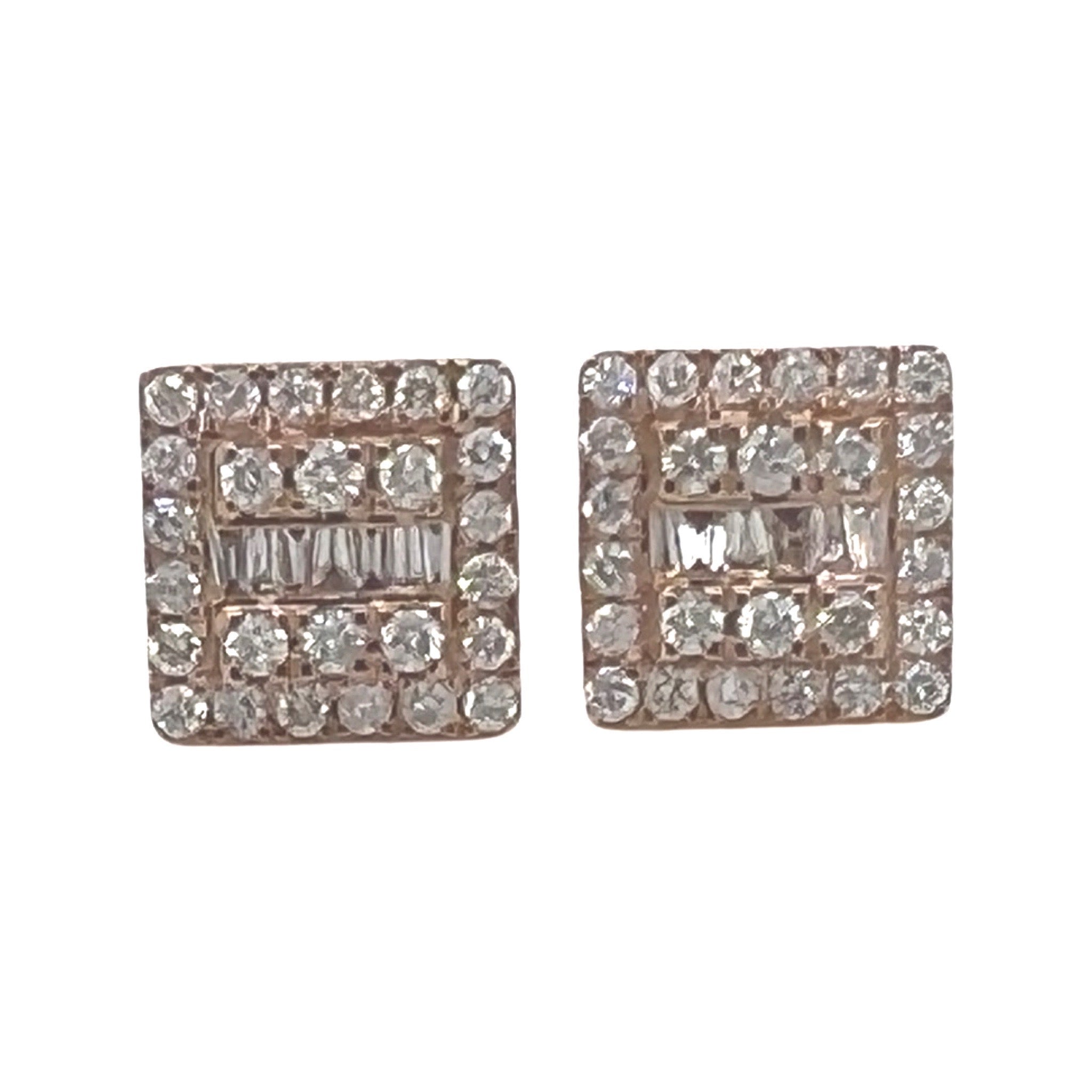 10K Rose Gold 3D Square Shape Baguette Diamond Earrings 1.06 CT 10.3MM