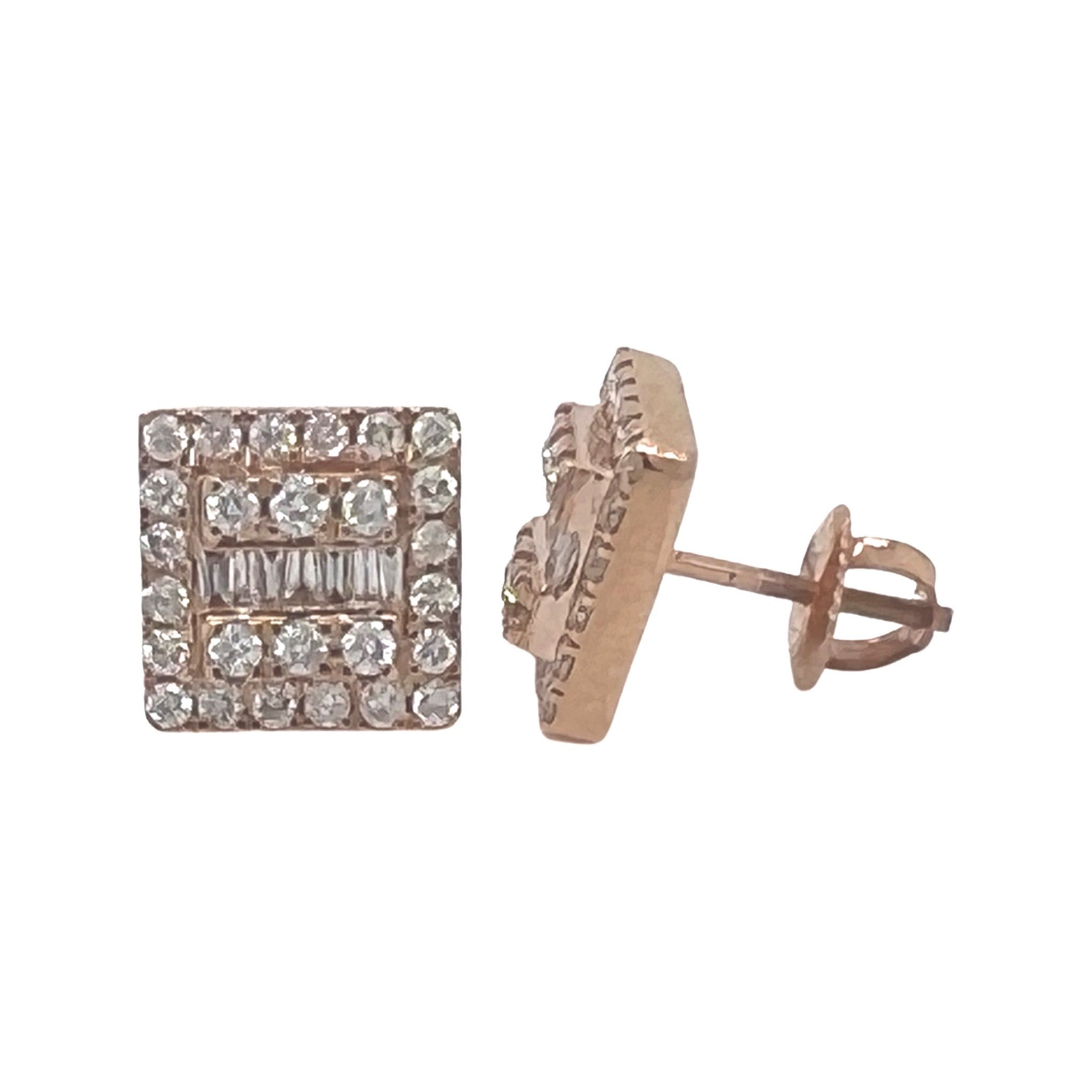 10K Rose Gold 3D Square Shape Baguette Diamond Earrings 1.06 CT 10.3MM