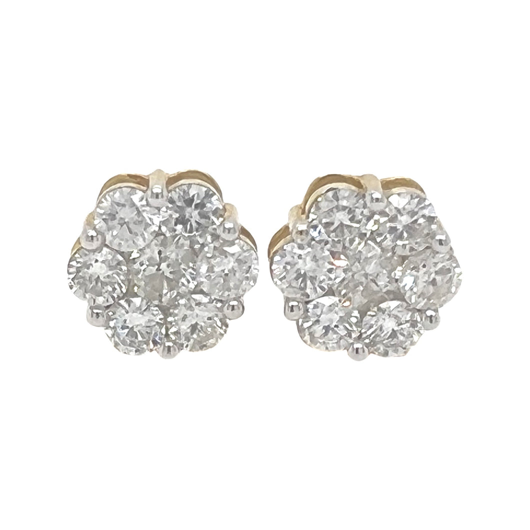 10K Yellow Gold Flower Cluster Diamond Earrings 0.90 CT 6.9MM