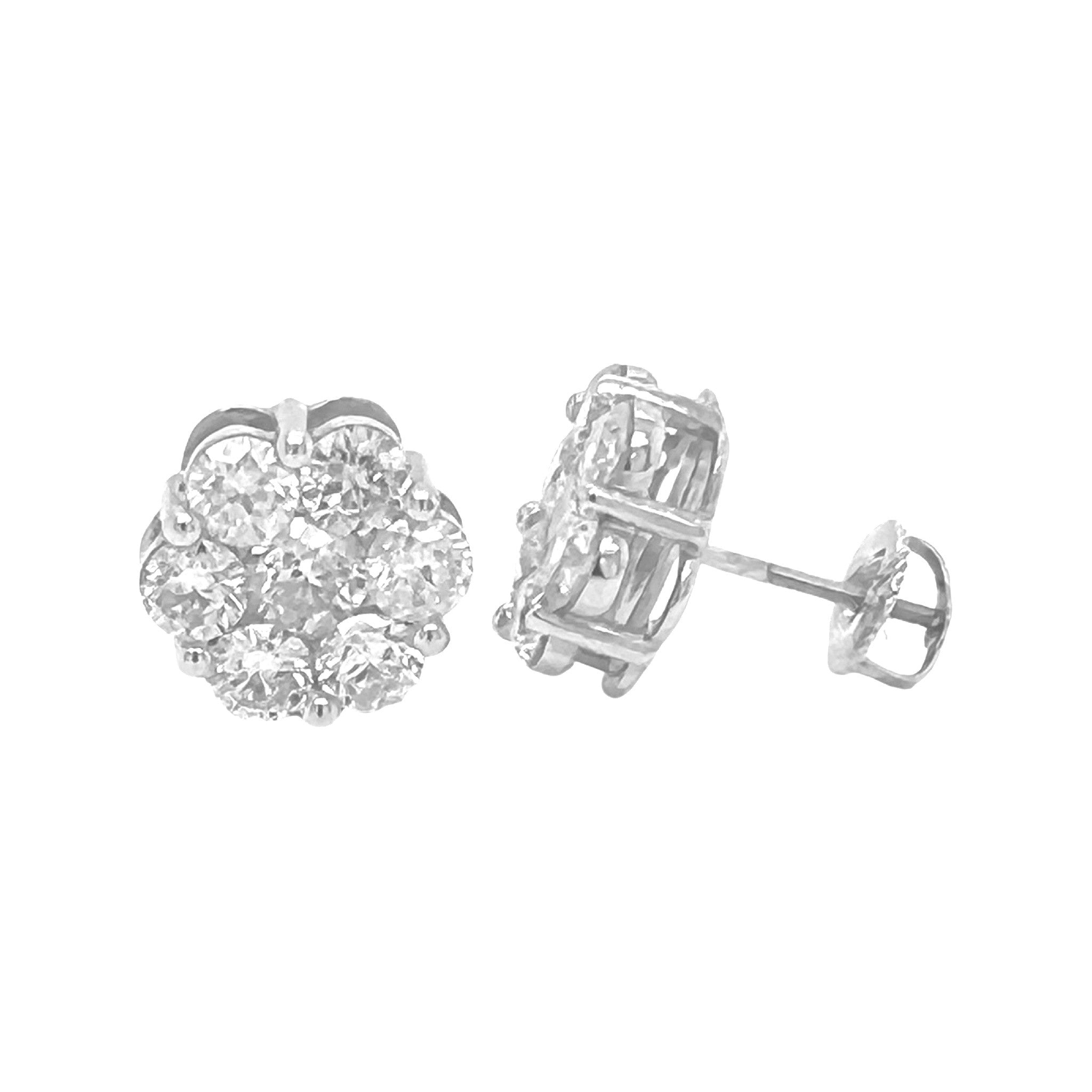 10K White Gold Flower Cluster Diamond Earrings 3.6 CT 12MM