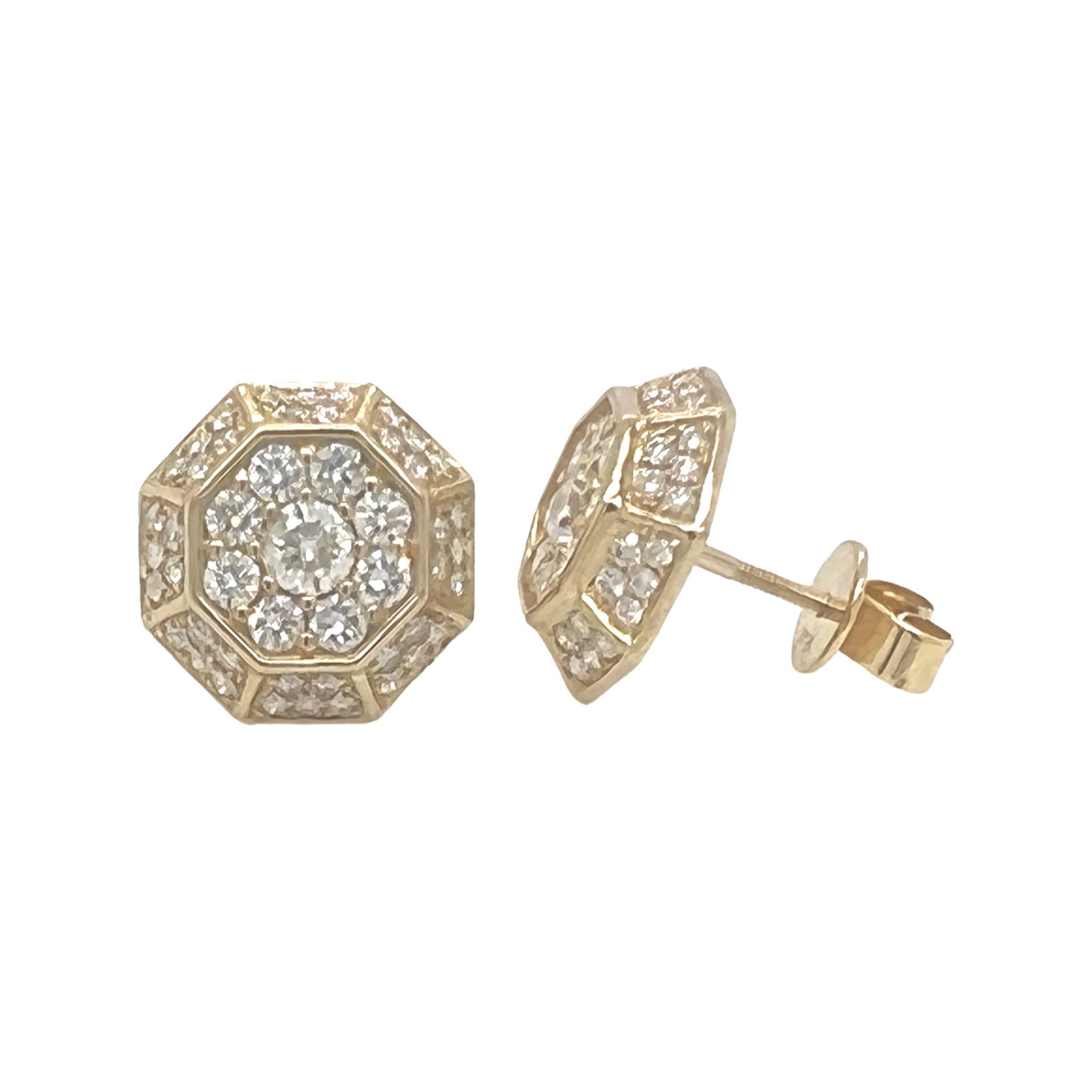 10K Yellow Gold Octagonal Shape Diamond Earrings 1.48 CT 12.7MM