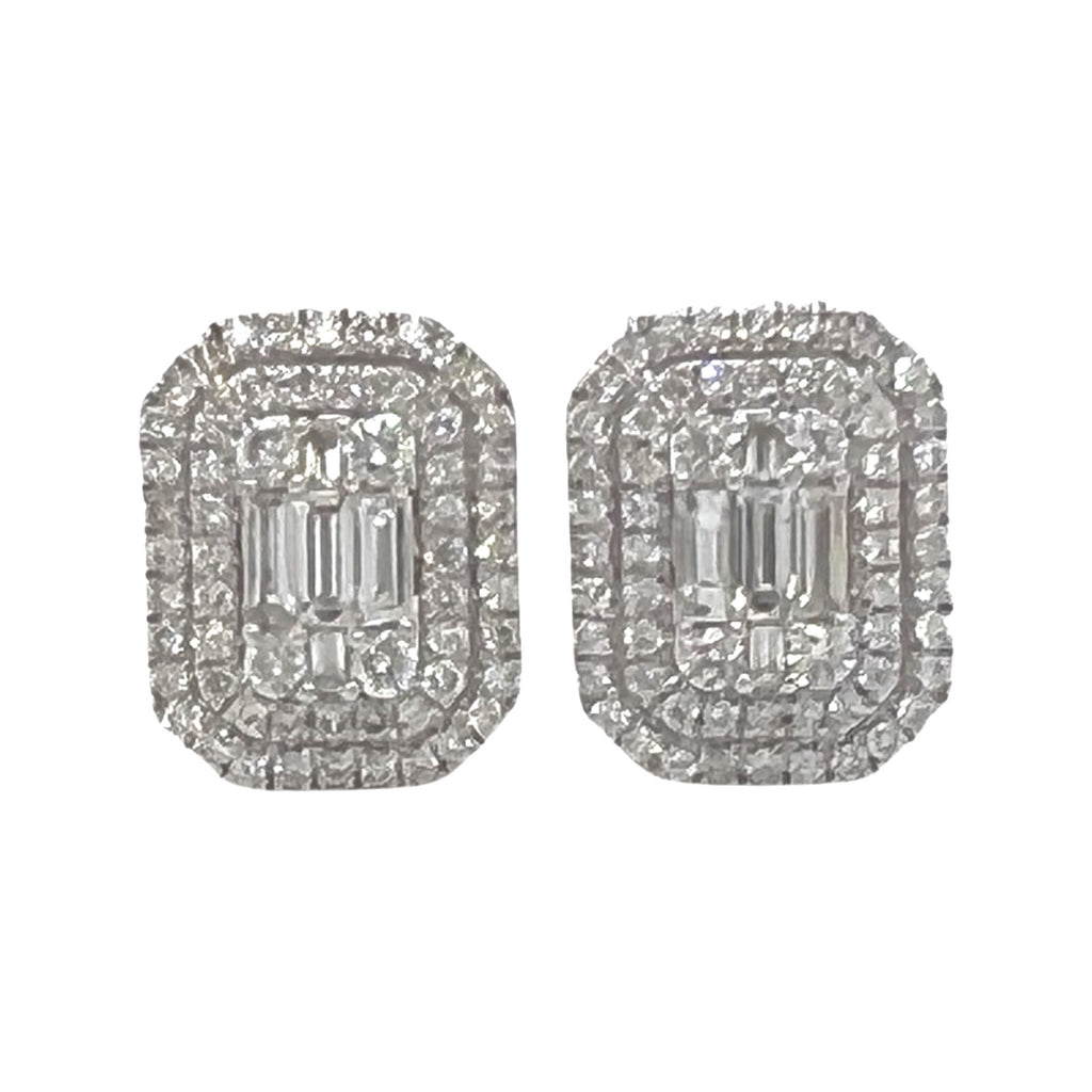 10K White Gold Halo Baguette Diamond Earrings 1.0 CT 10MM