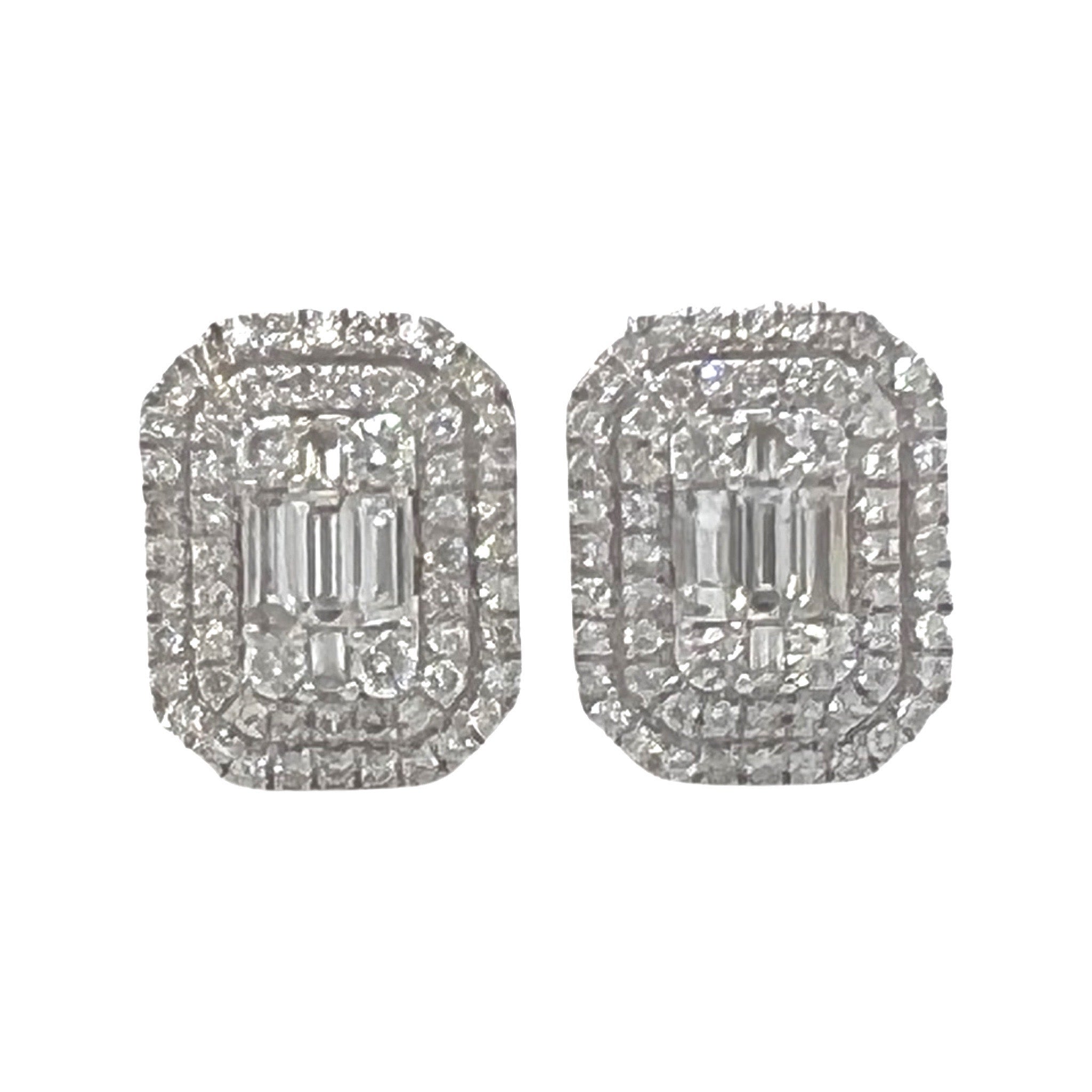 10K White Gold Halo Baguette Diamond Earrings 1.0 CT 10MM