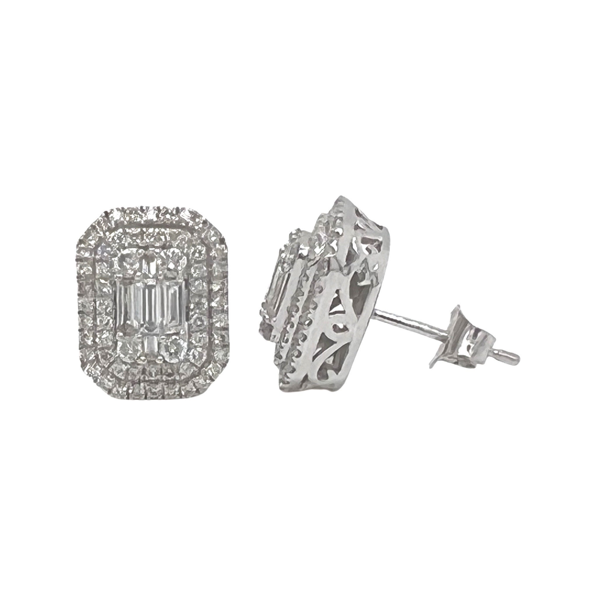 10K White Gold Halo Baguette Diamond Earrings 1.0 CT 10MM