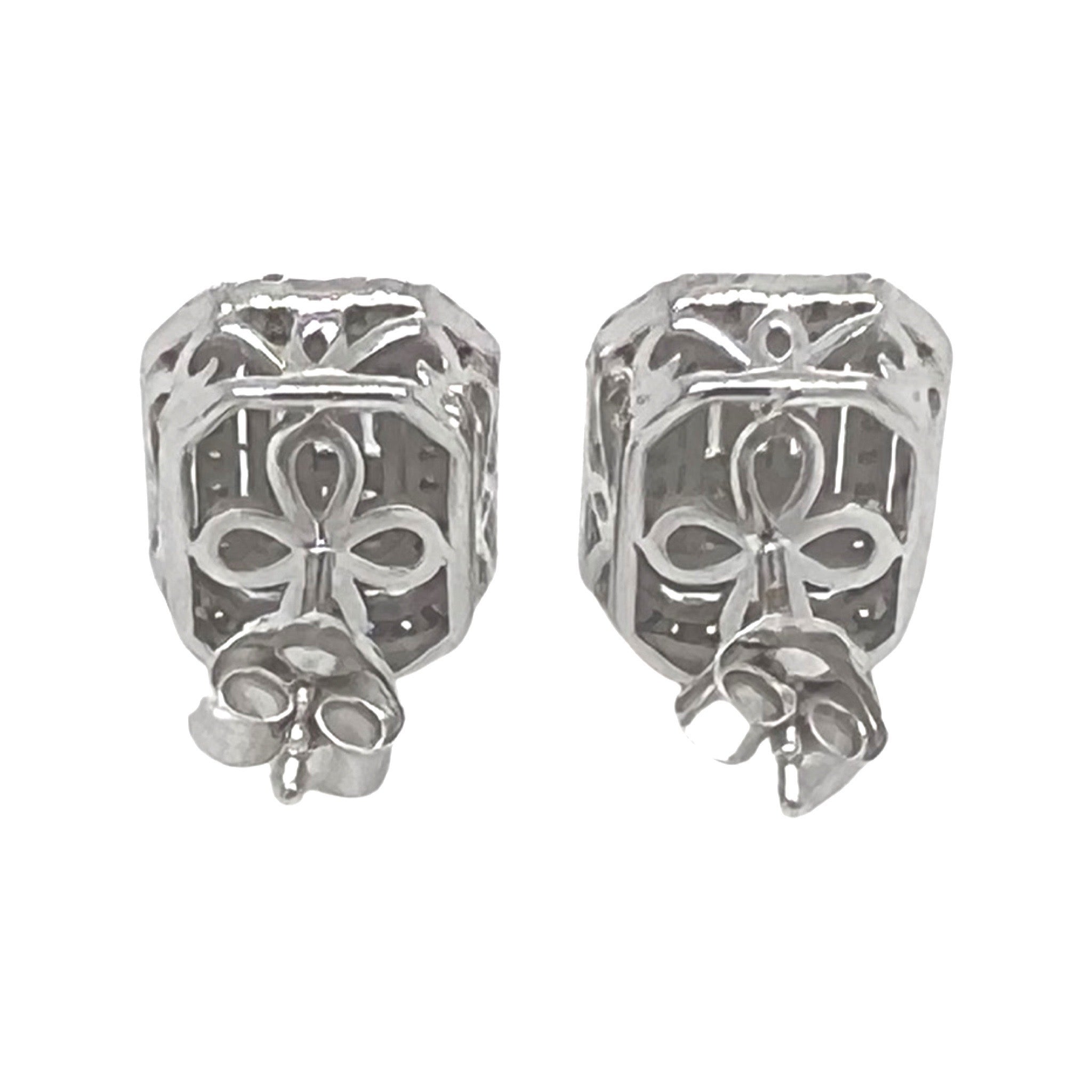 10K White Gold Halo Baguette Diamond Earrings 1.0 CT 10MM