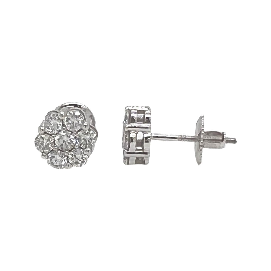10K White Gold Flower Cluster Diamond Earrings 1.5 CT 7.8MM