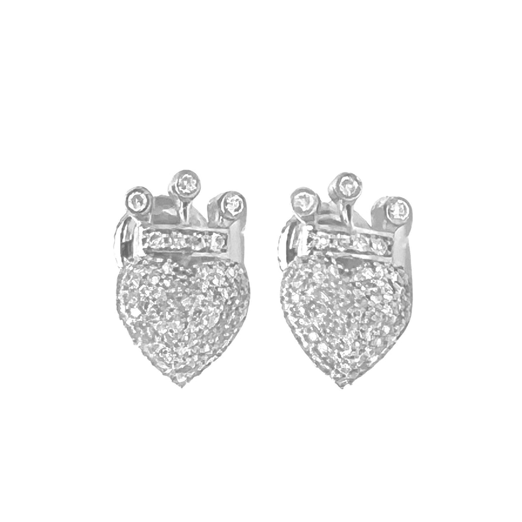 10K White Gold Crown Heart Diamond Earrings 0.36 CT 7.8MM