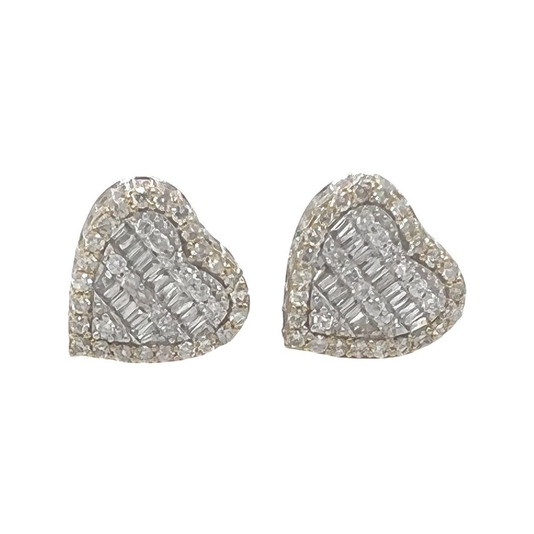 10K Yellow Gold 3D Heart Shape Baguette Diamond Earrings 1.44 CT 11.2MM