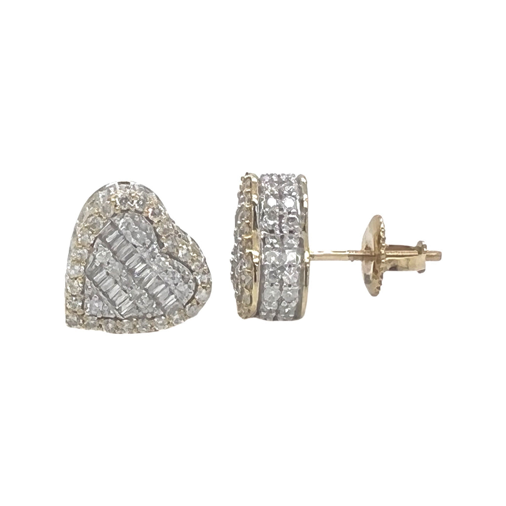 10K Yellow Gold 3D Heart Shape Baguette Diamond Earrings 1.44 CT 11.2MM