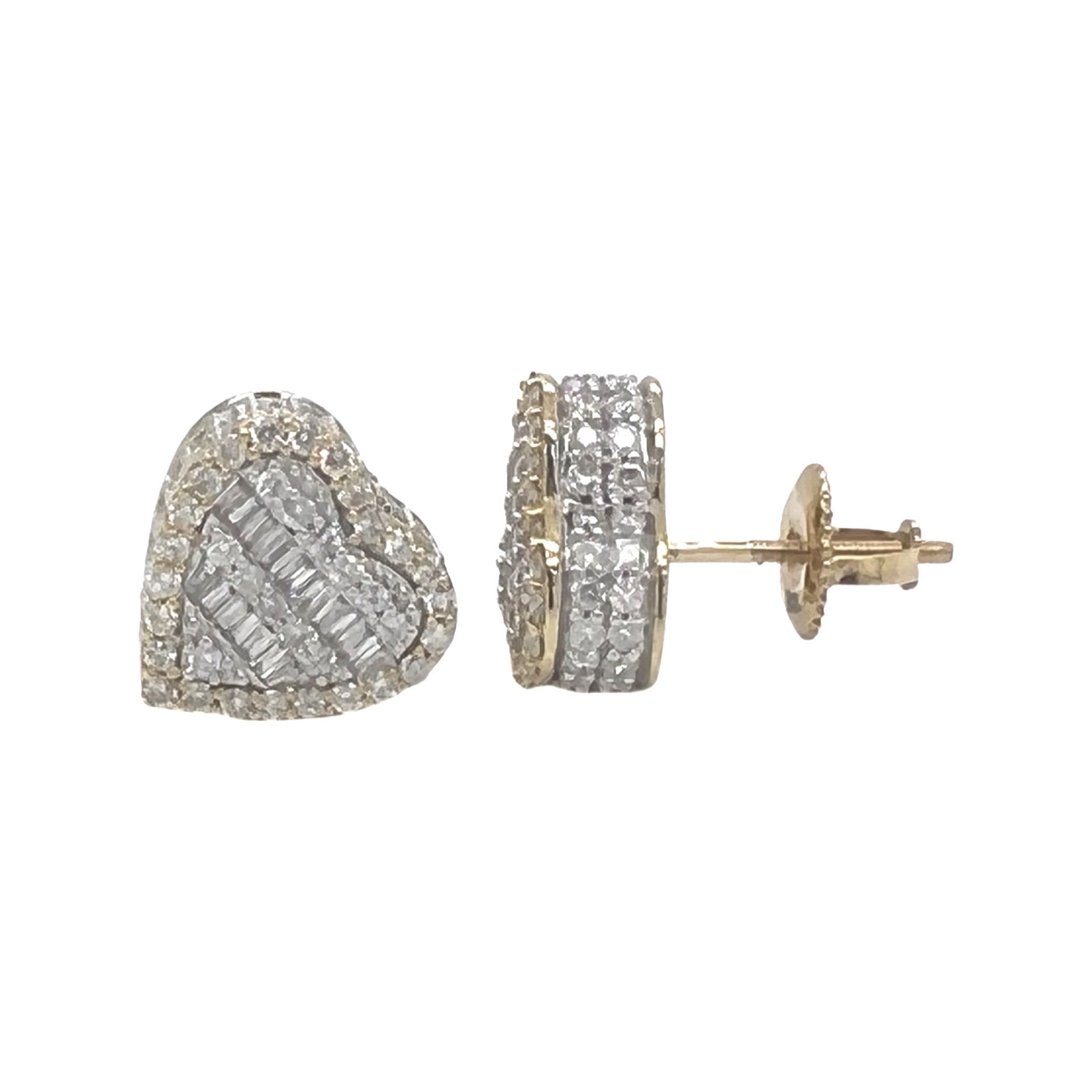 10K Yellow Gold 3D Heart Shape Baguette Diamond Earrings 1.44 CT 11.2MM