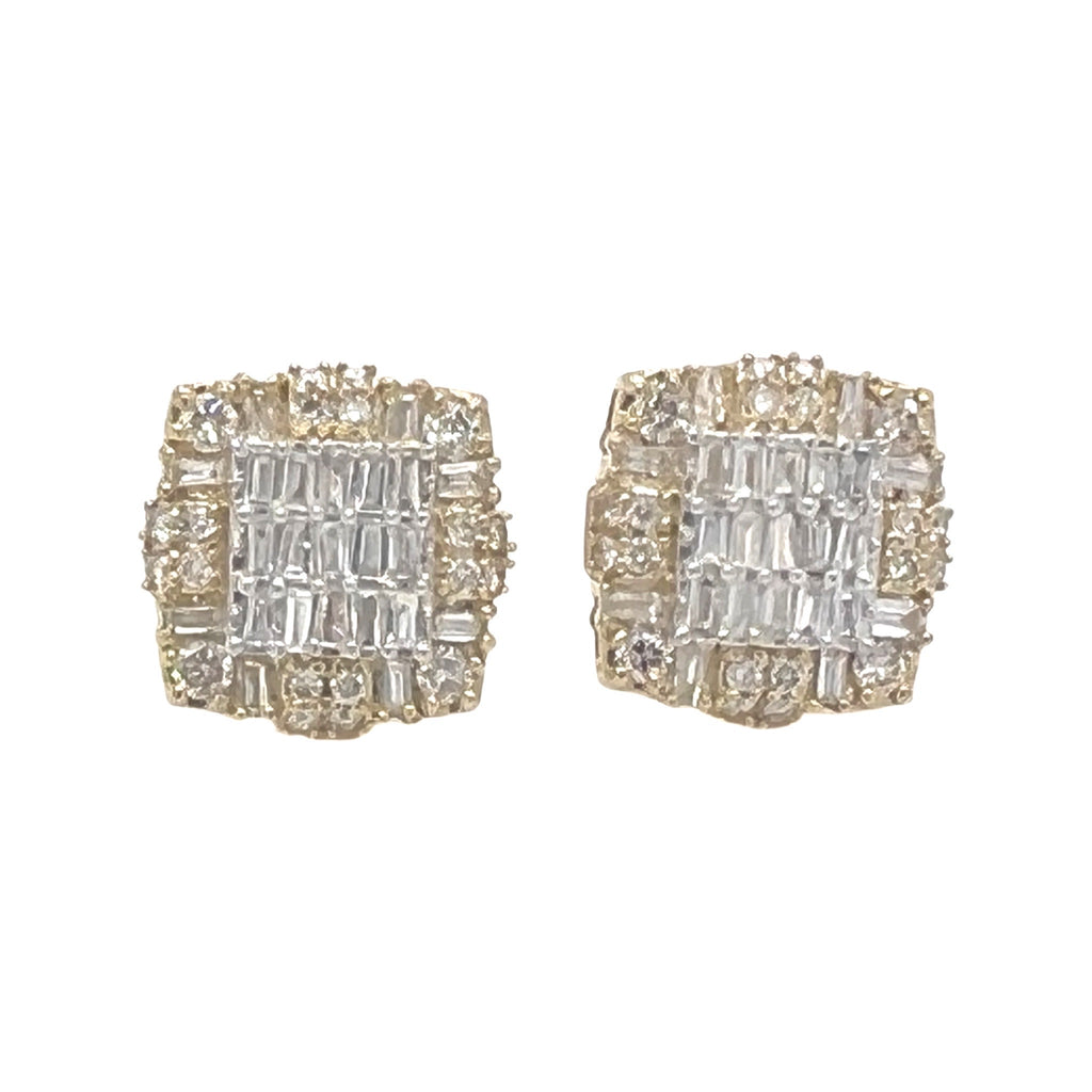 10K Yellow Gold 3D Square Baguette Diamond Earrings 1.0 CT 12.3MM