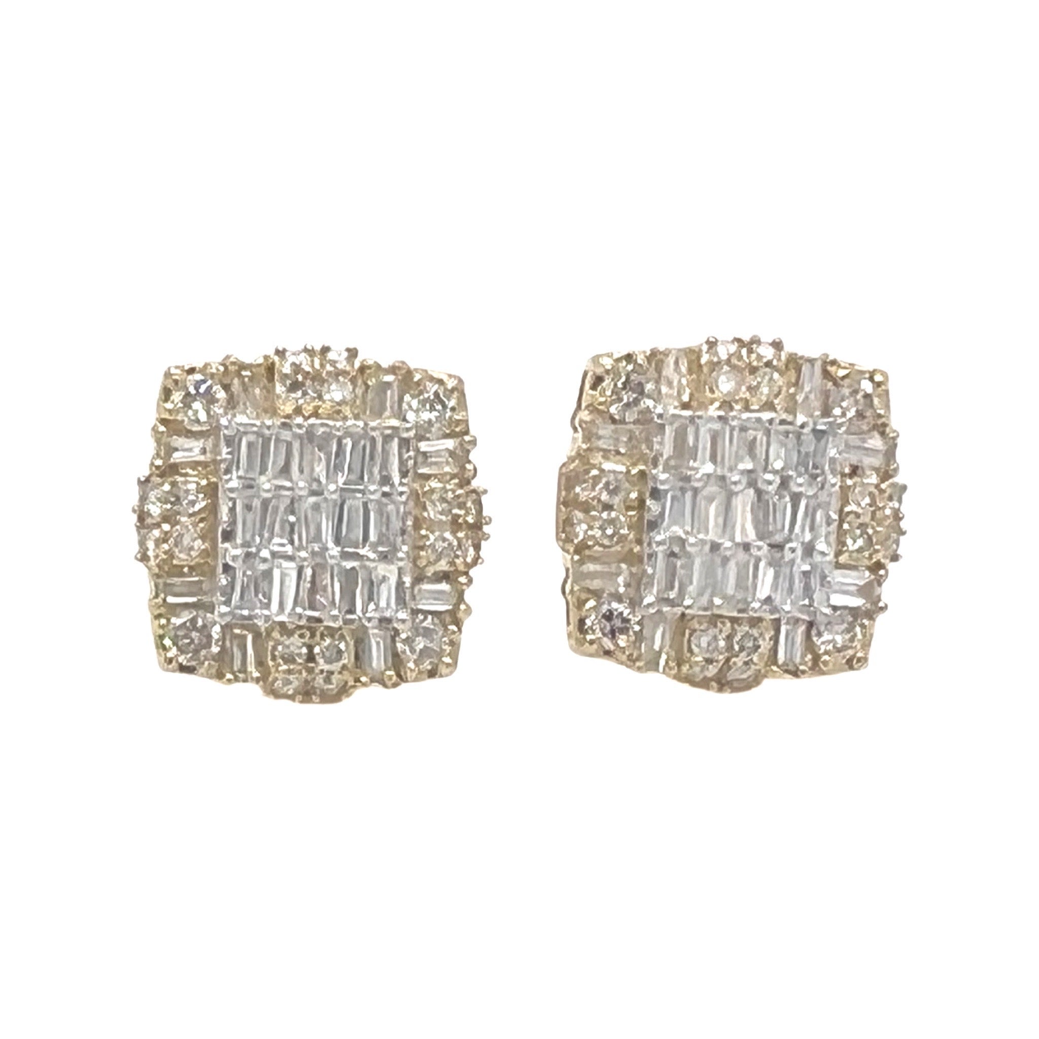 10K Yellow Gold 3D Square Baguette Diamond Earrings 1.0 CT 12.3MM