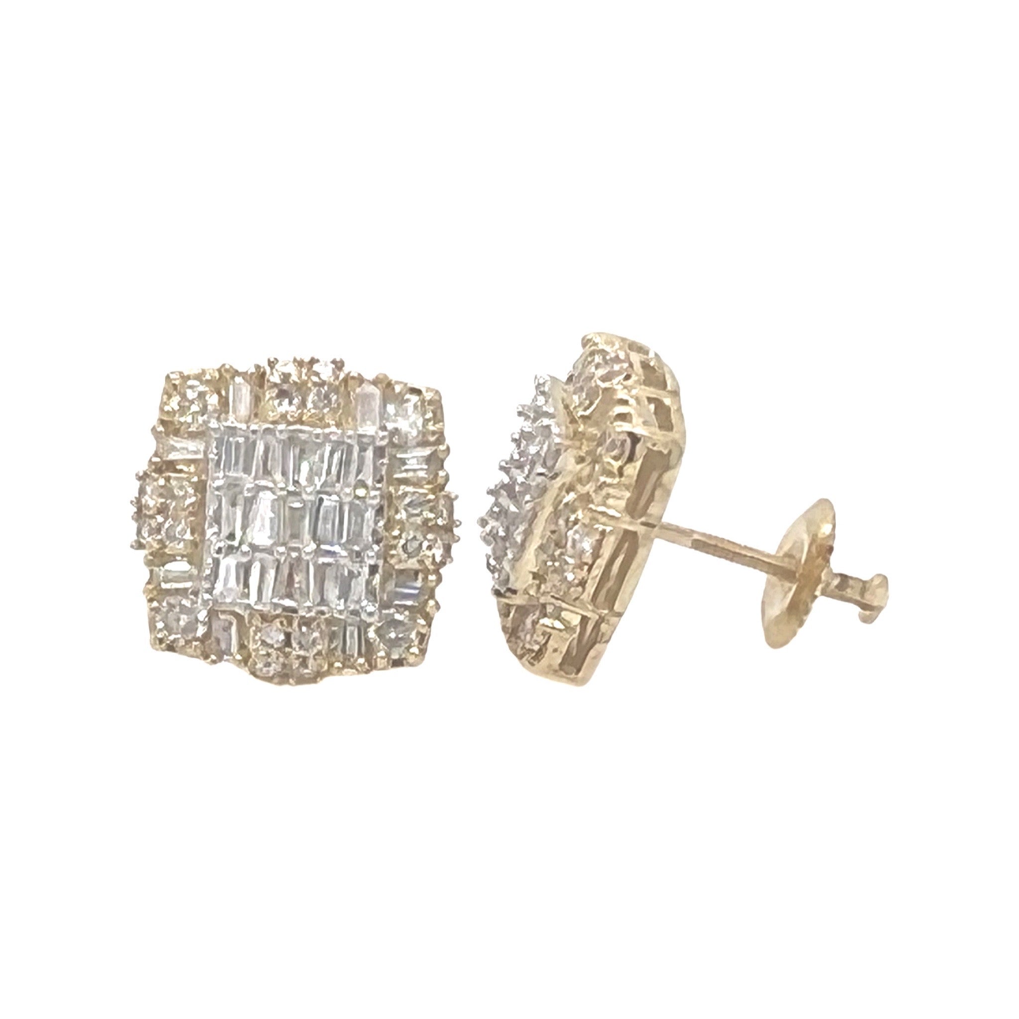 10K Yellow Gold 3D Square Baguette Diamond Earrings 1.0 CT 12.3MM