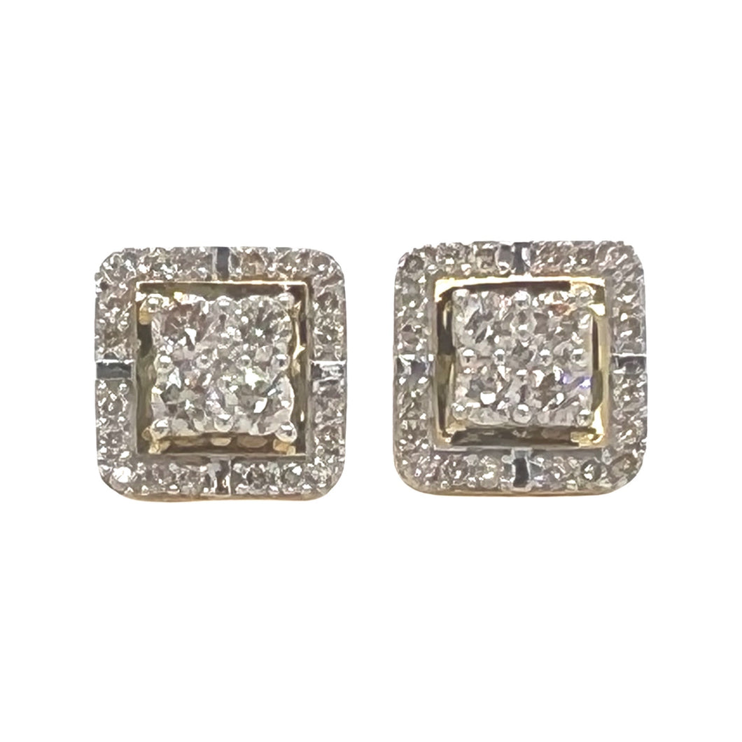 10K Yellow Gold 3D Square Shape Diamond Earrings 1.0 CT 10.2MM