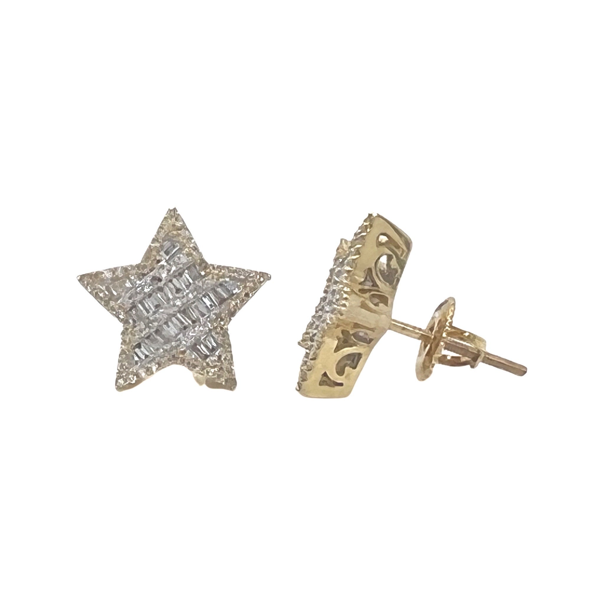 10K Yellow Gold Star Shape Baguette Diamond Earrings 0.50 CT 12.9MM