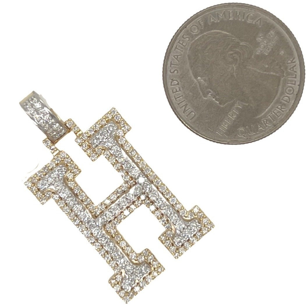 10K Yellow White Gold 3D Letter H Initial Diamond Pendant 1.68 CT 1.5"