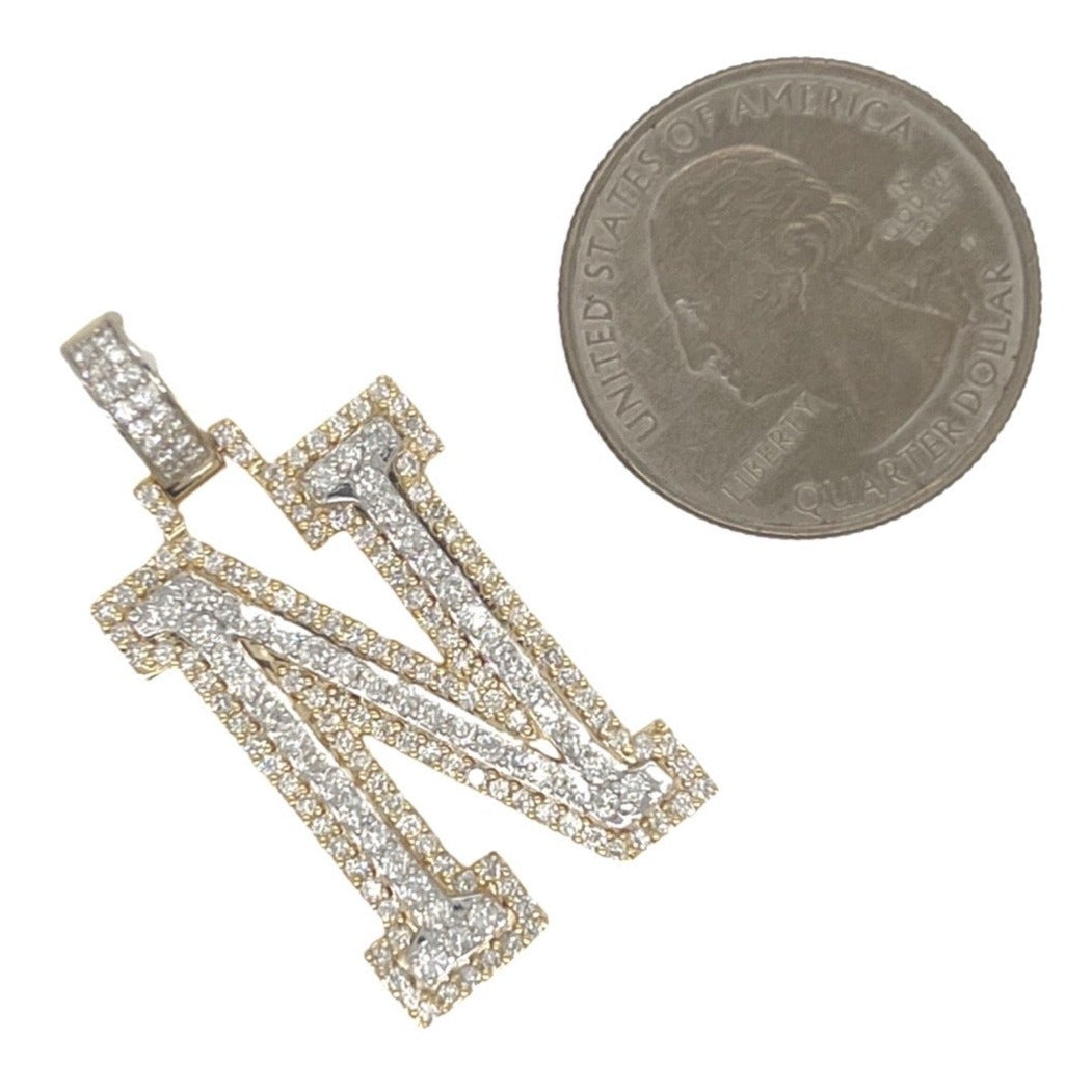 10K Yellow White Gold 3D Letter N Initial Diamond Pendant 1.62 CT 1.5"
