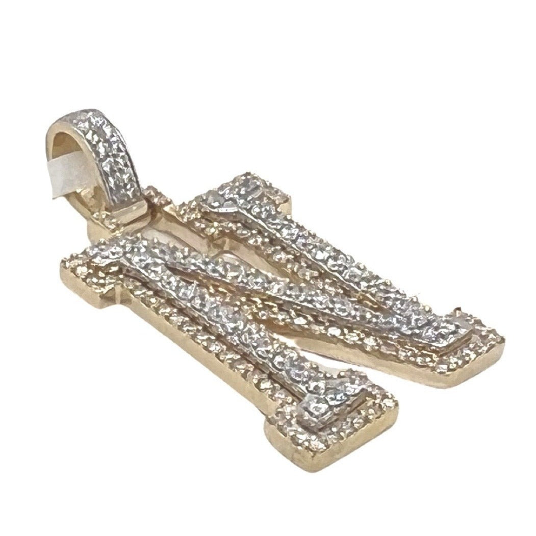10K Yellow White Gold 3D Letter N Initial Diamond Pendant 1.62 CT 1.5"