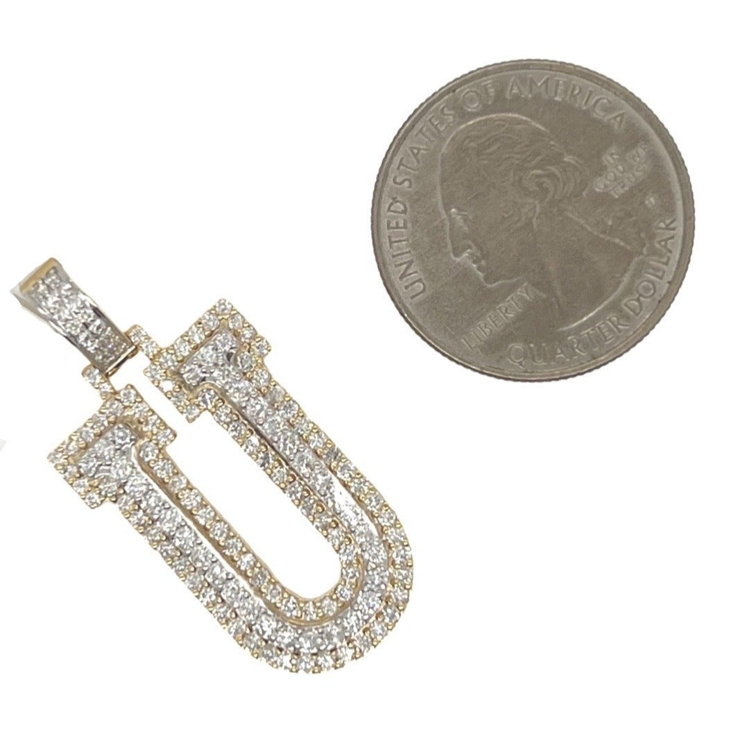 10K Yellow White Gold 3D Letter U Initial Diamond Pendant 1.64 CT 1.5"