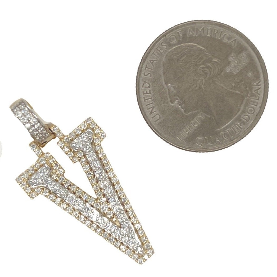 10K Yellow White Gold 3D Letter V Initial Diamond Pendant 1.24 CT 1.5"