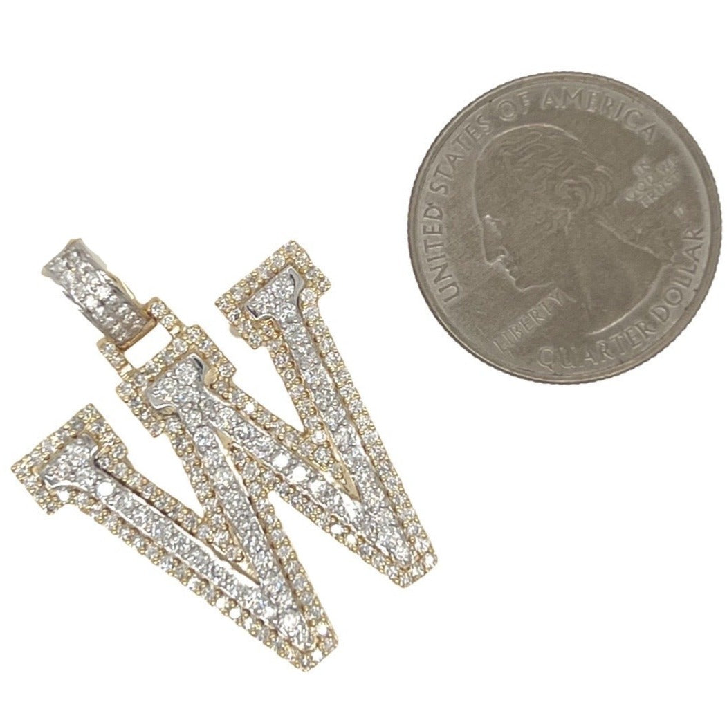 10K Yellow White Gold 3D Letter W Initial Diamond Pendant 2.05 CT 1.5"