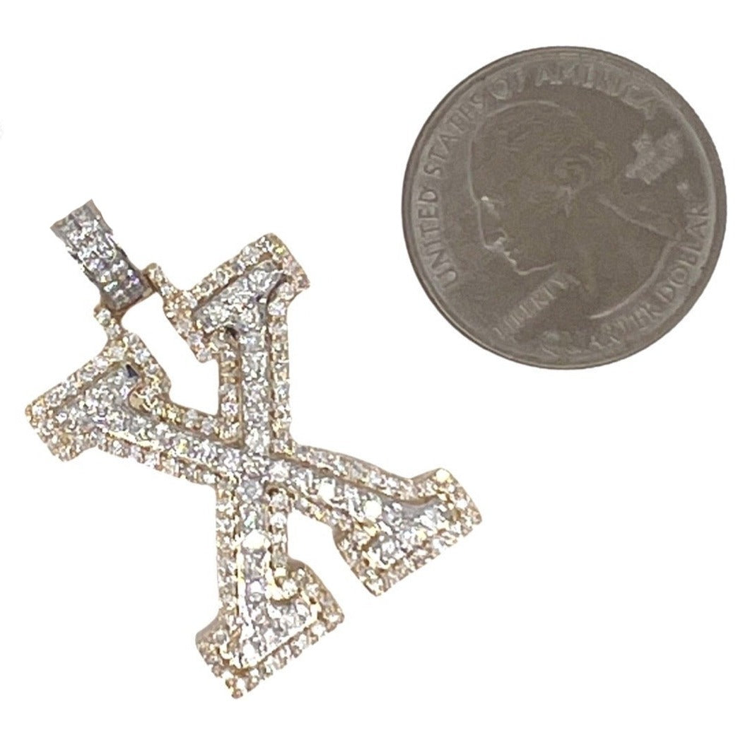 10K Yellow White Gold 3D Letter X Initial Diamond Pendant 1.62 CT 1.5"