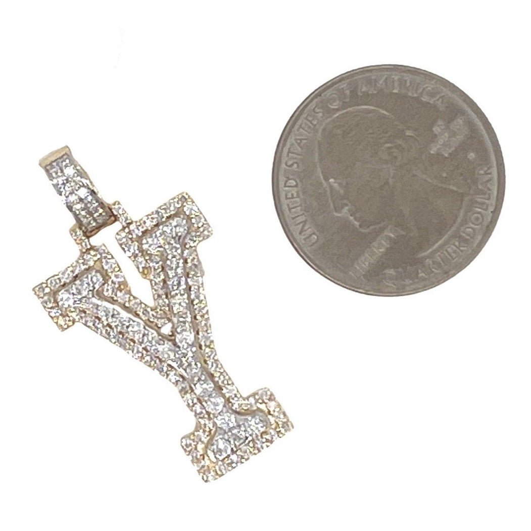 10K Yellow White Gold 3D Letter Y Initial Diamond Pendant 1.40 CT 1.5"