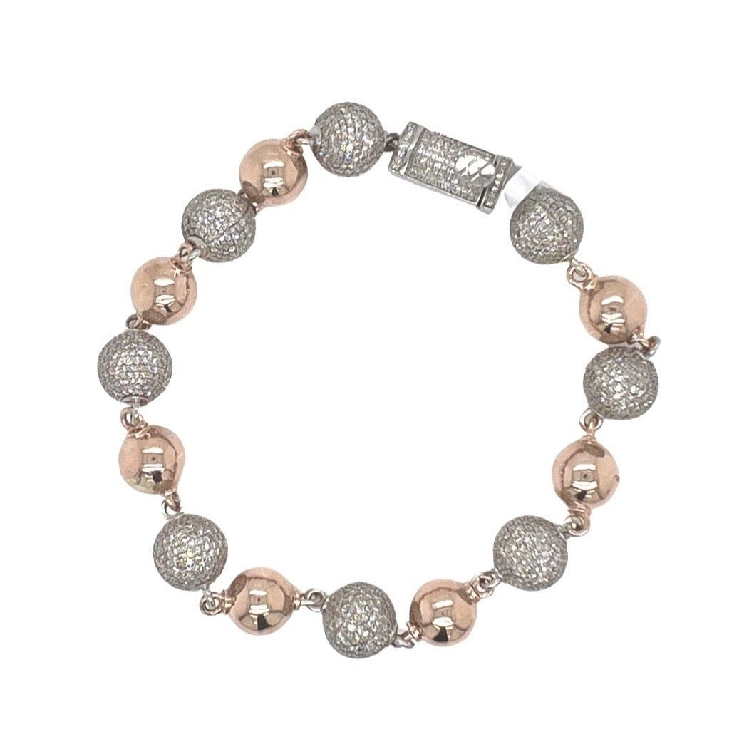 10K Rose White Gold 9MM Rosary Bead Diamond Bracelet 7.35 CT 8.5"