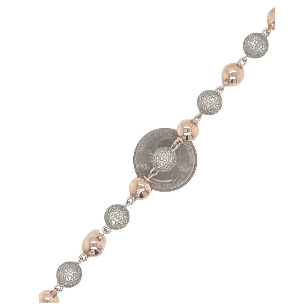 10K Rose White Gold 9MM Rosary Bead Diamond Bracelet 7.35 CT 8.5"