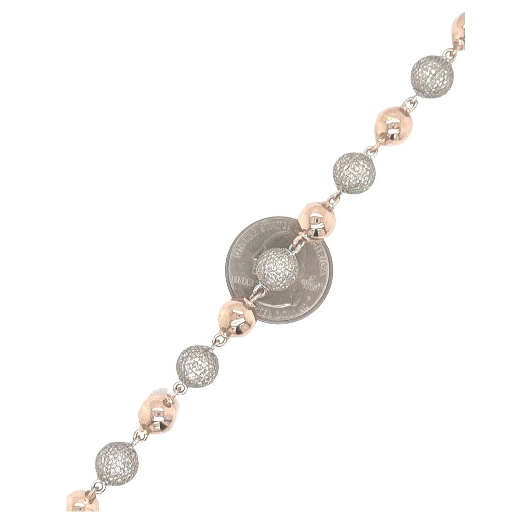 10K Rose White Gold 9MM Rosary Bead Diamond Necklace 18.28 CT - 22"