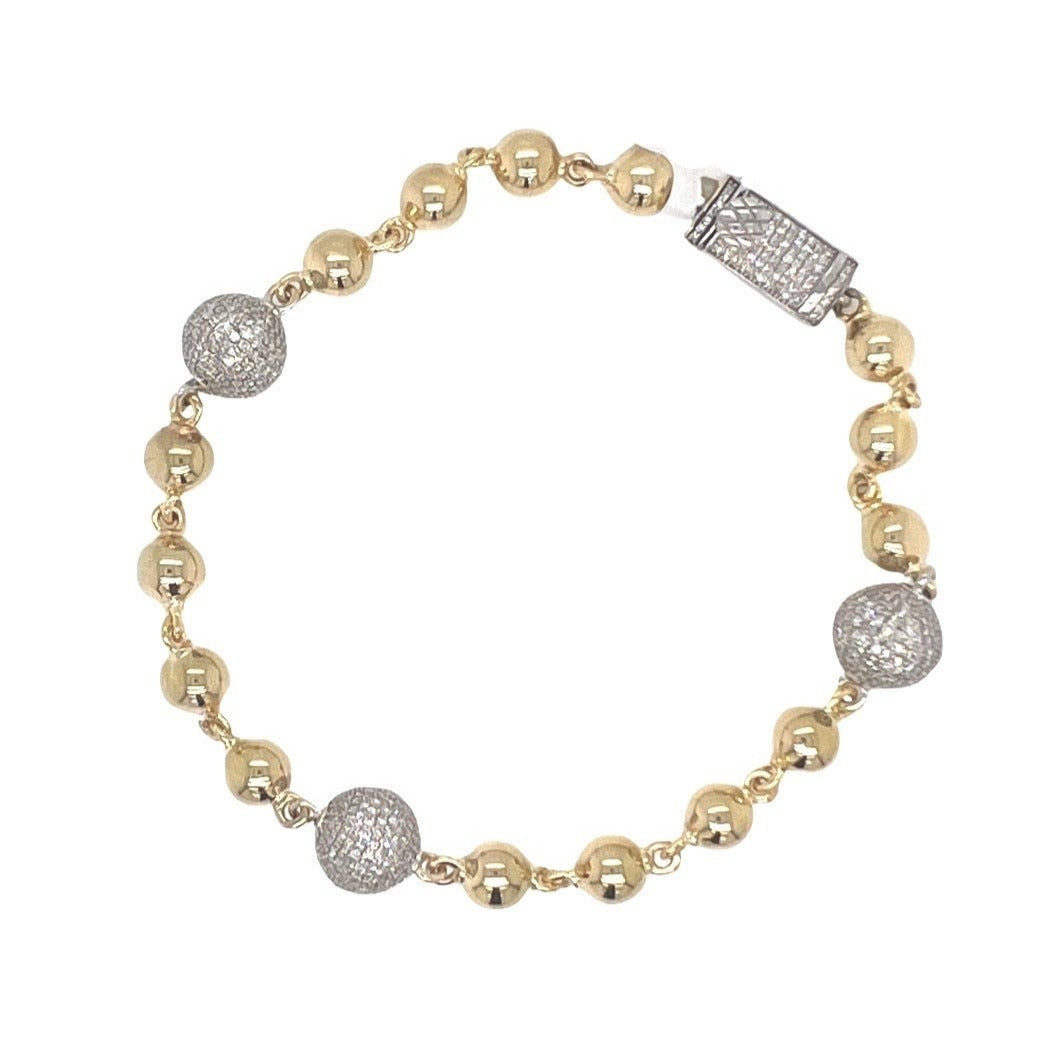 10K Yellow White Gold 9MM Rosary Bead Diamond Bracelet 2.95 CT 8.5"