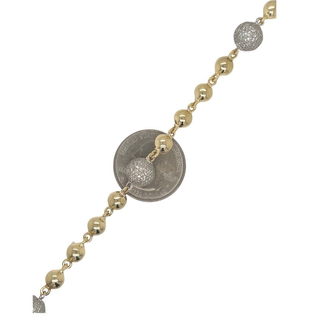 10K Yellow White Gold 9MM Rosary Bead Diamond Bracelet 2.95 CT 8.5"