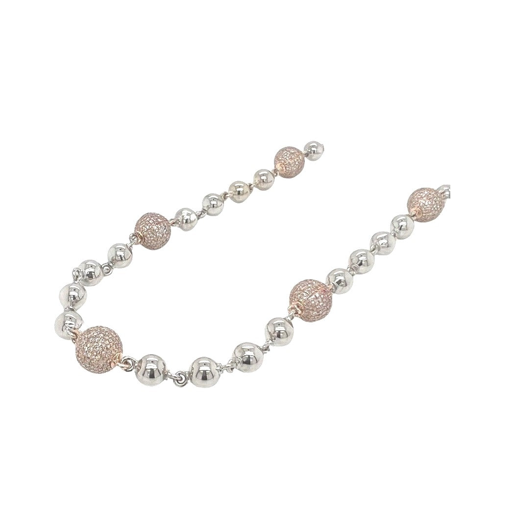 10K Rose White Gold 9MM Rosary Bead Diamond Necklace 7.95 CT - 22"