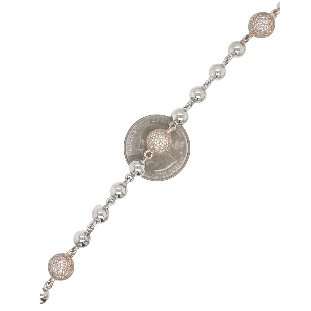 10K Rose White Gold 9MM Rosary Bead Diamond Necklace 7.95 CT - 22"