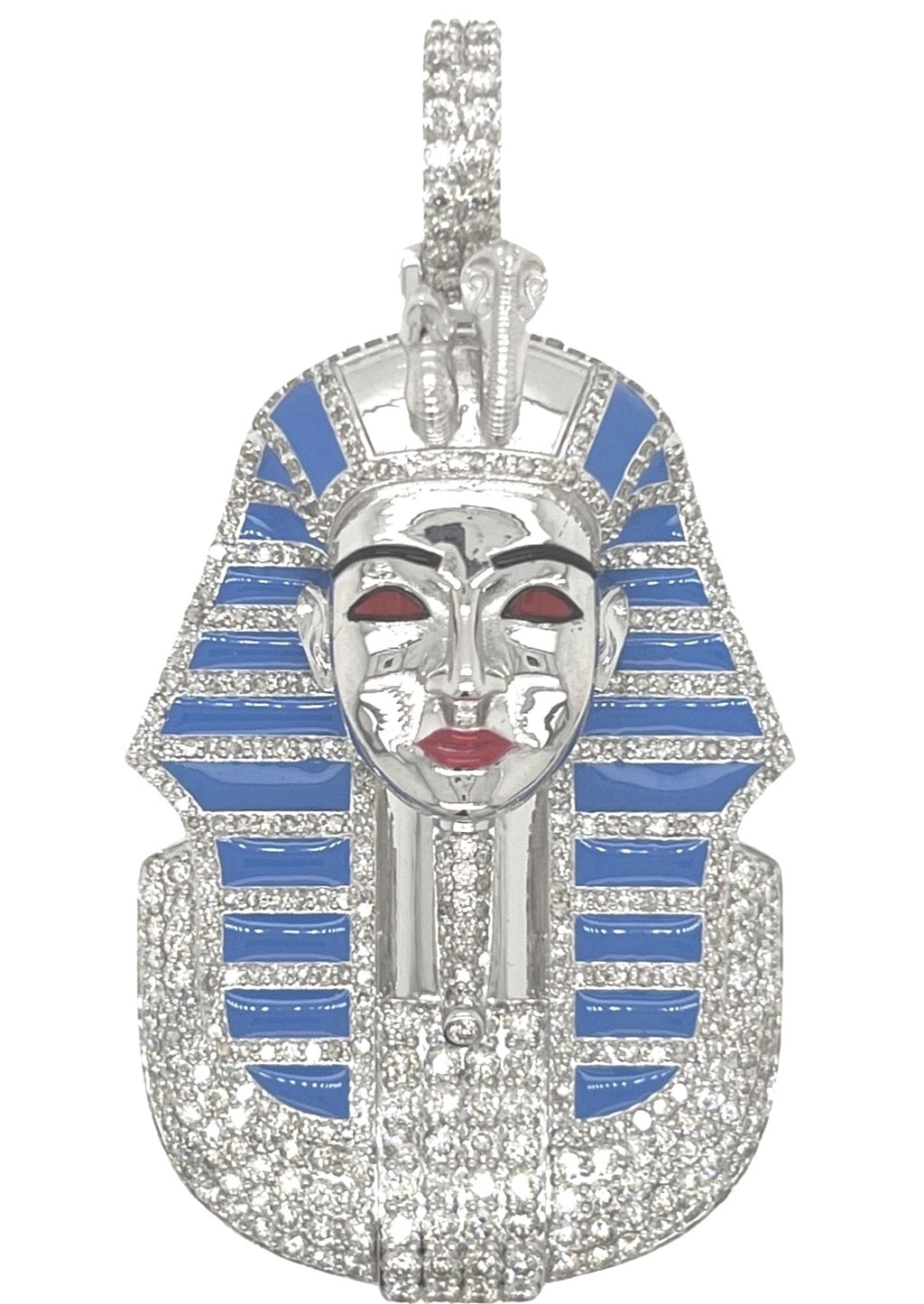 10K White Gold Pharaoh King Tut Blue Enamel VS Diamond Pendant 5.23 CT 2.75"