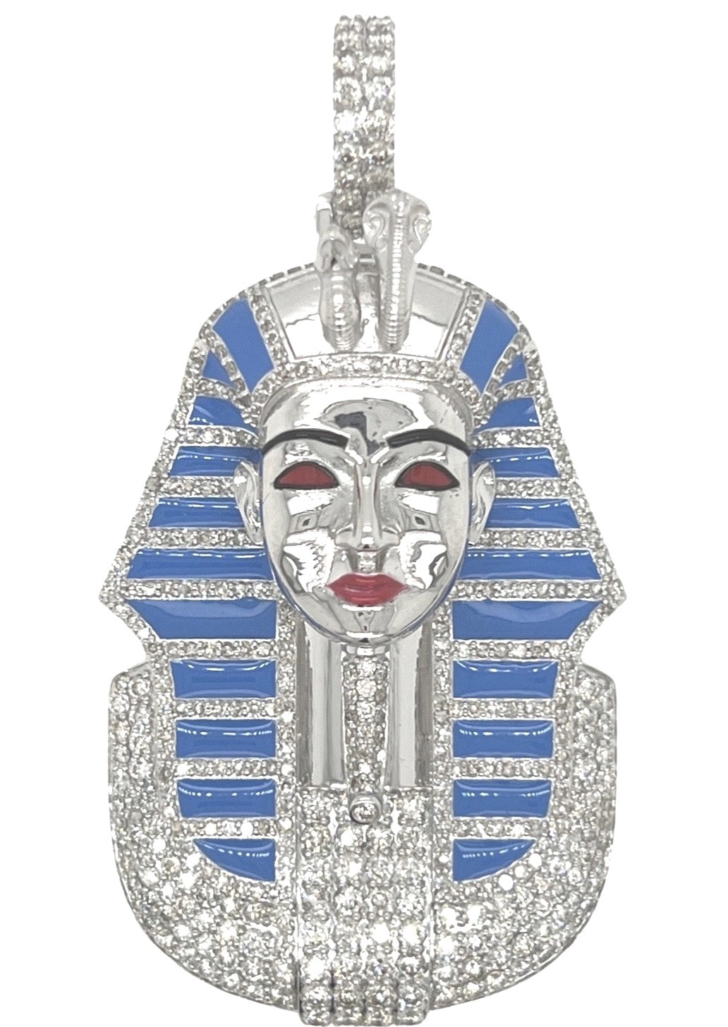 10K White Gold Pharaoh King Tut Blue Enamel VS Diamond Pendant 5.23 CT 2.75"