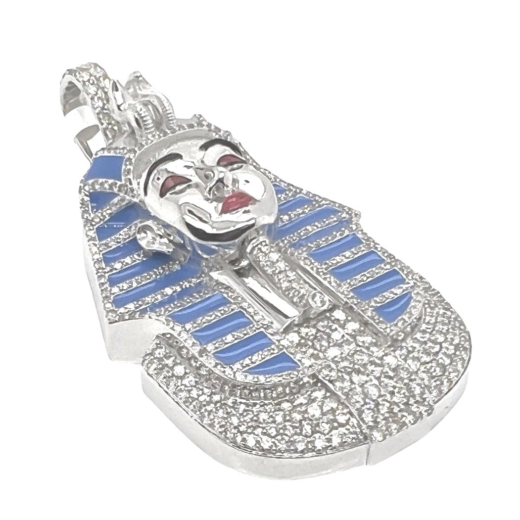10K White Gold Pharaoh King Tut Blue Enamel VS Diamond Pendant 5.23 CT 2.75"