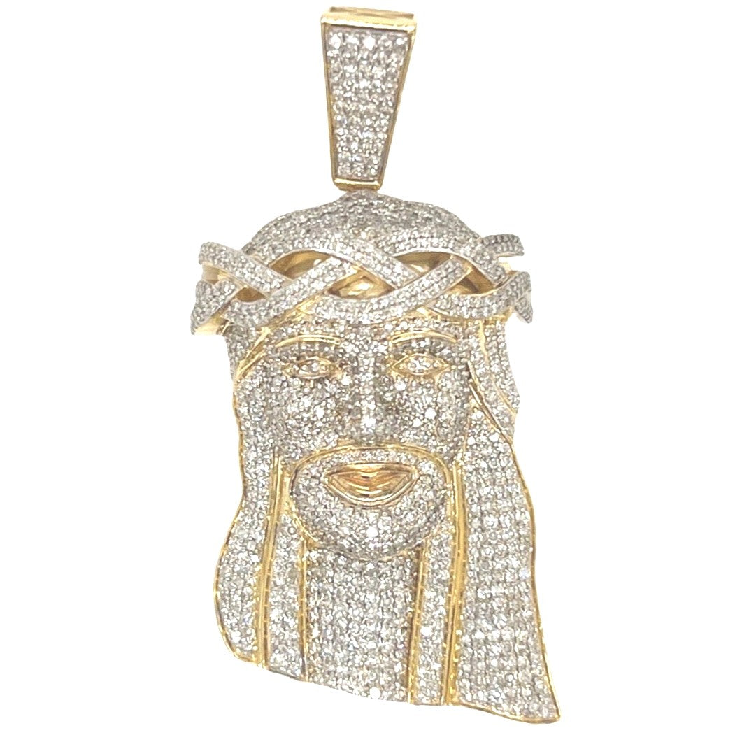 10K Yellow Gold Jesus Head Iced Diamond Pendant 3.34 CT 2.2"