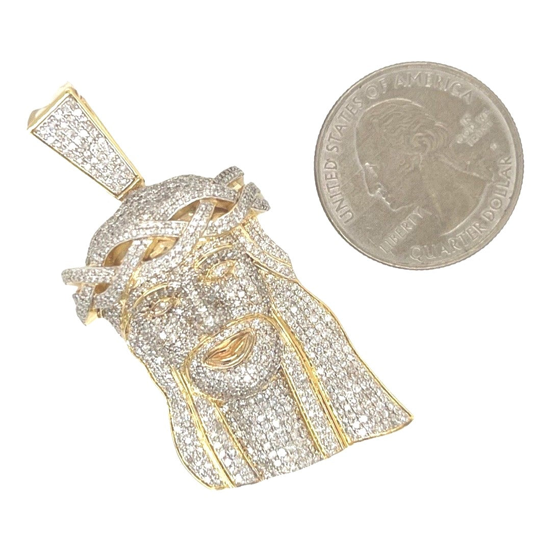 10K Yellow Gold Jesus Head Iced Diamond Pendant 3.34 CT 2.2"