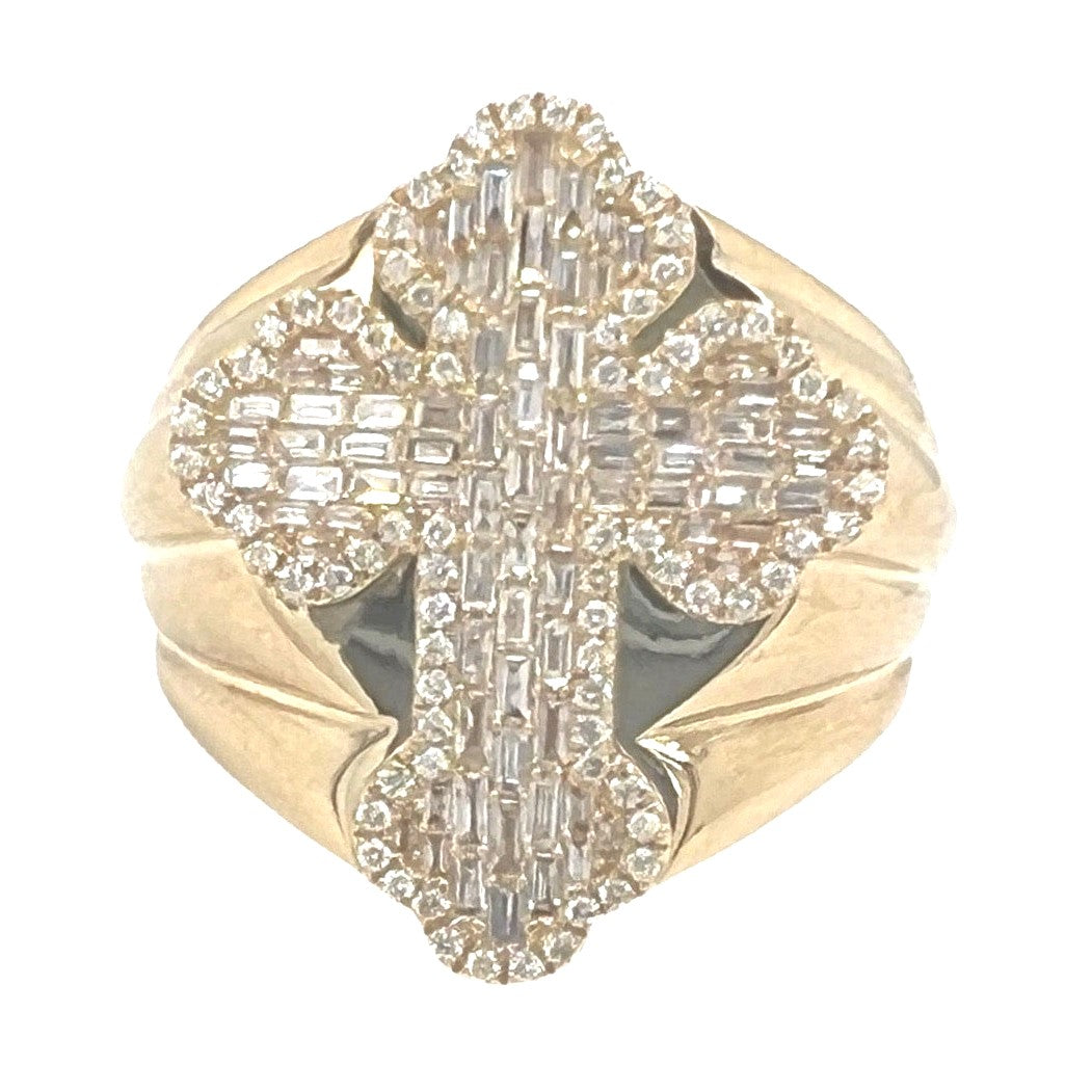 14K Yellow Gold Gothic Cross 25.5MM VS Baguette Diamond Ring 1.0 CT