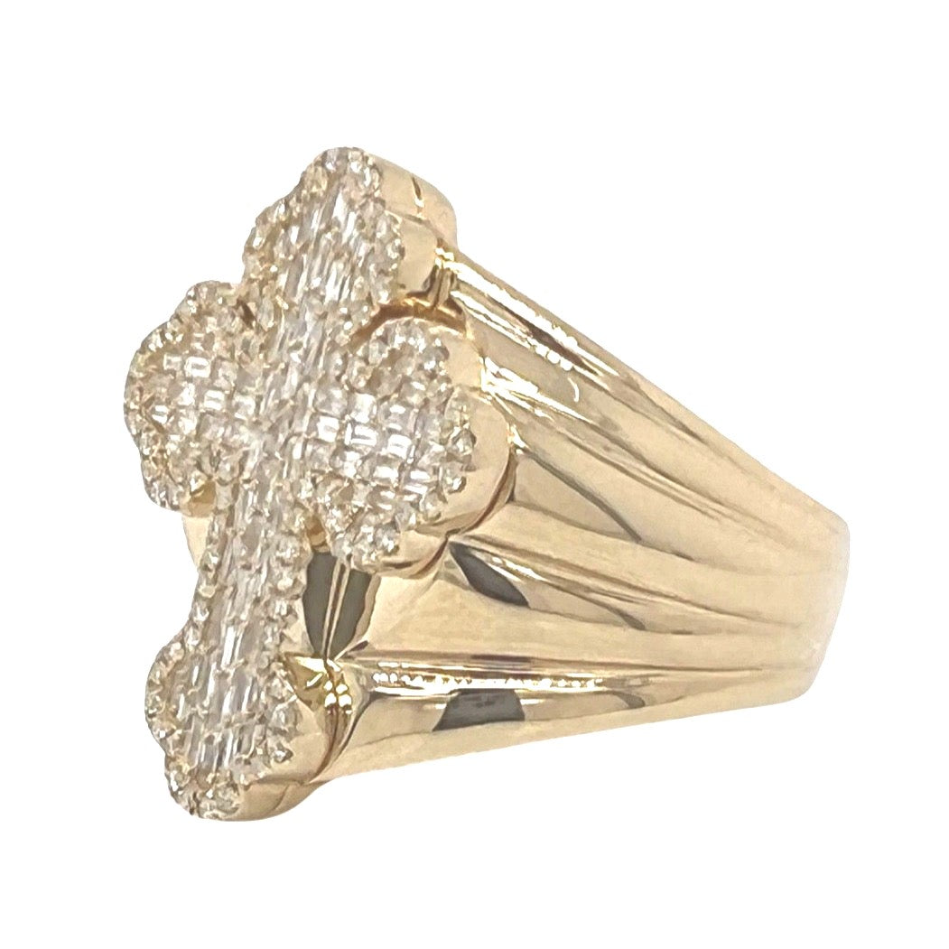 14K Yellow Gold Gothic Cross 25.5MM VS Baguette Diamond Ring 1.0 CT