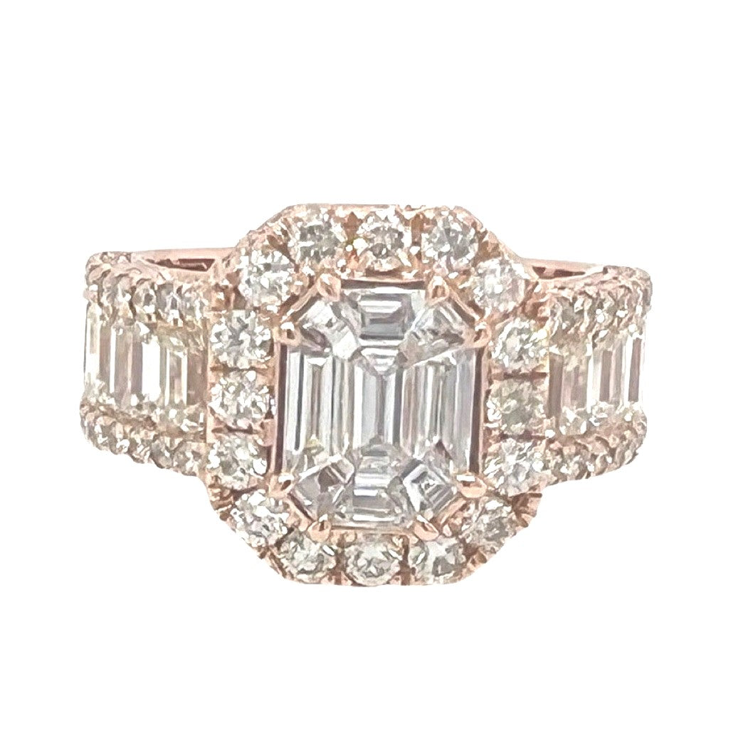 14K Rose Gold 3D Octagonal Shape 14.6MM VS Emerald Diamond Ring 5.55 CT