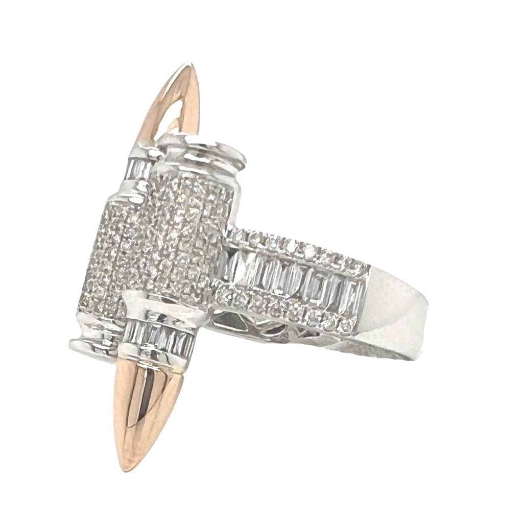 14K Rose White Gold 3D Dual Bullet 34MM VS Baguette Diamond Ring 1.75 CT