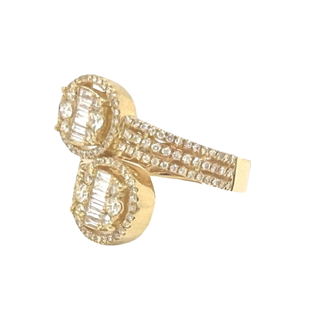 14K Yellow Gold 18MM Designer Dual Oval Top Baguette Diamond Ring 1.10 CT